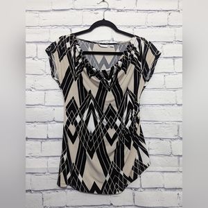 New York & Company Stretch Blouse Beige Black White Top Women's Size Small